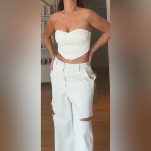 White Corset Crop Top and High-Waist Trousers Set